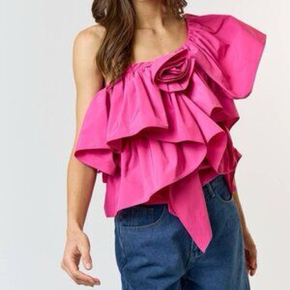 Zara Fuchsia One-Shoulder Ruffled Blouse - Picture 1 of 7
